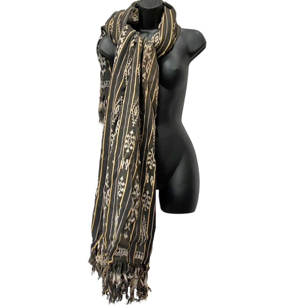 Vintage Handwoven Wrap Scarf Gray Fringed 94" x 30" Boho Handmade Thailand